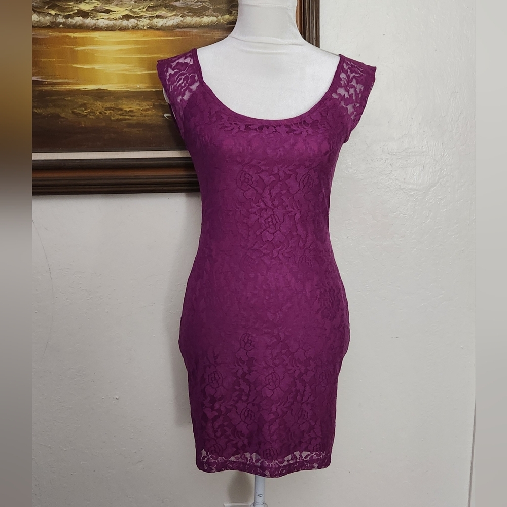 Nollie Fusia Pink Purple Lace Bodycon Shortsleeve Dress